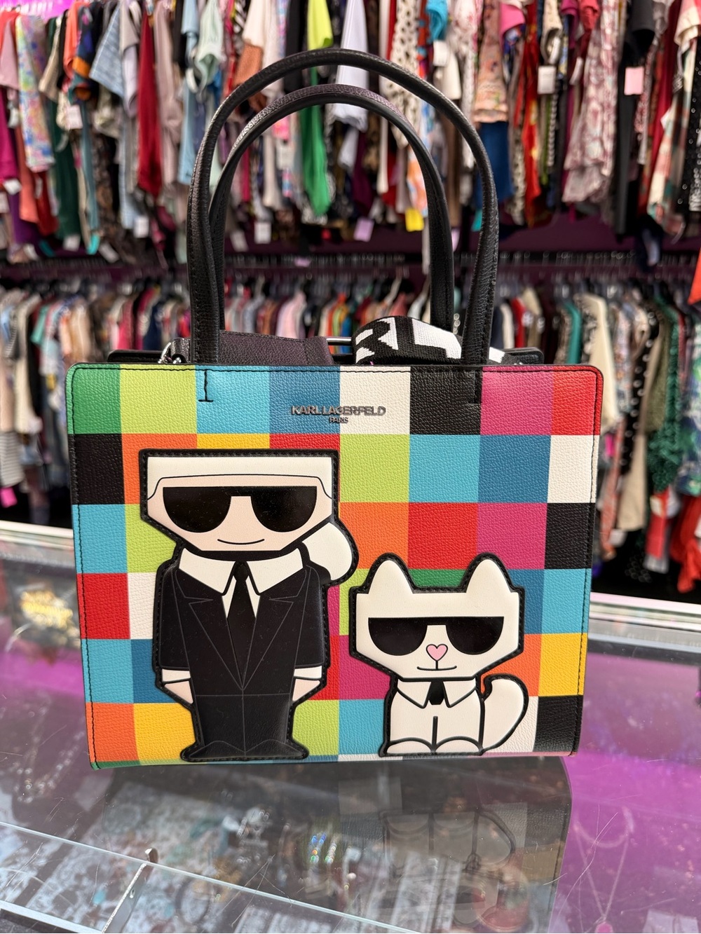 Karl Lagerfeld Multicolor Check Tote with Black Appliqués